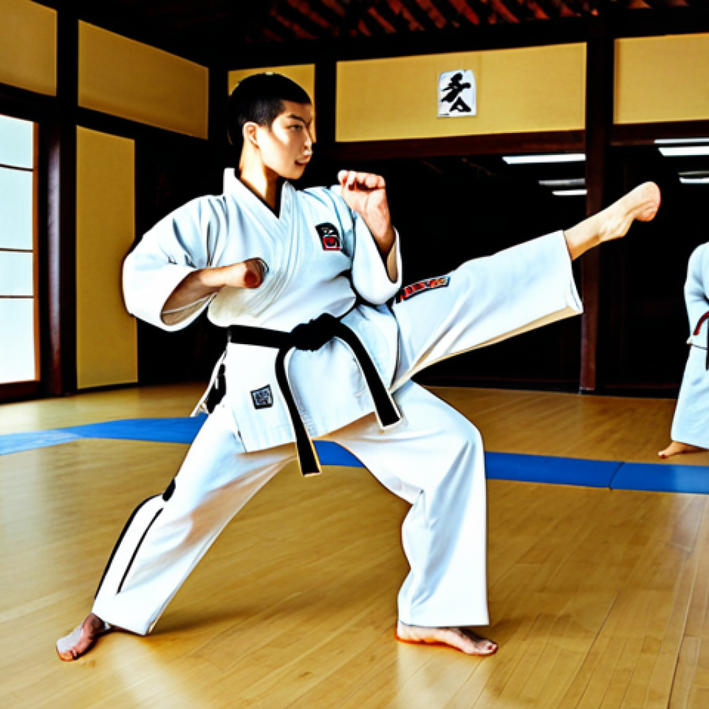 **

A determined Taekwondo practitioner, fully clothed in a dobok, executing a precise roundhouse kick in a brightly lit dojang. The practitioner has perfect anatomy and correct proportions, demonstrating power and focus. Background includes training equipment and other students practicing. Safe for work, appropriate content, family-friendly, professional training environment.

**