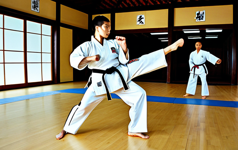 **
A determined Taekwondo practitioner, fully clothed in a dobok, executing a precise roundhouse kick in a brightly lit dojang. The practitioner has perfect anatomy and correct proportions, demonstrating power and focus. Background includes training equipment and other students practicing. Safe for work, appropriate content, family-friendly, professional training environment.
**