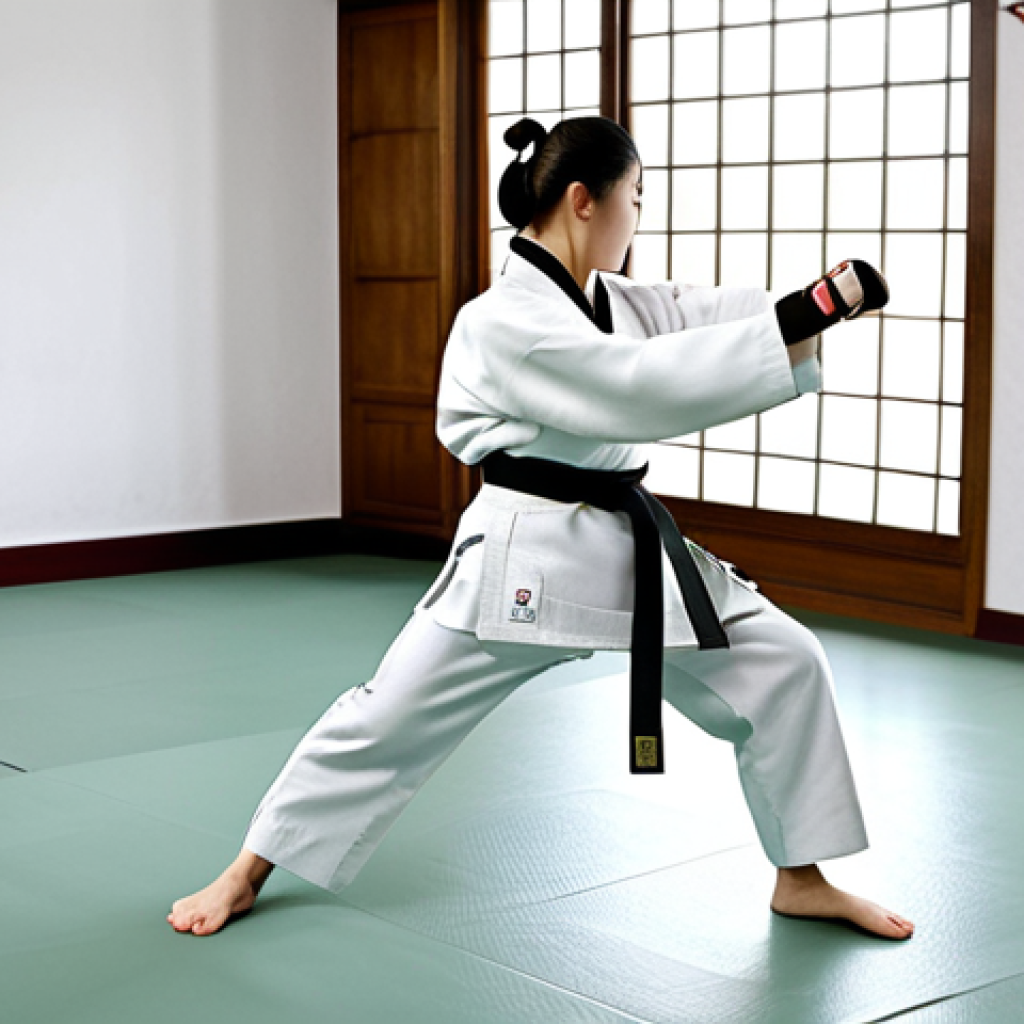 A young girl in a white Dobok (Taekwondo uniform), fully clothed, practicing a front kick in a traditional Korean dojang (training hall), appropriate attire, safe for work, perfect anatomy, natural proportions, family-friendly, martial arts photography, high quality.