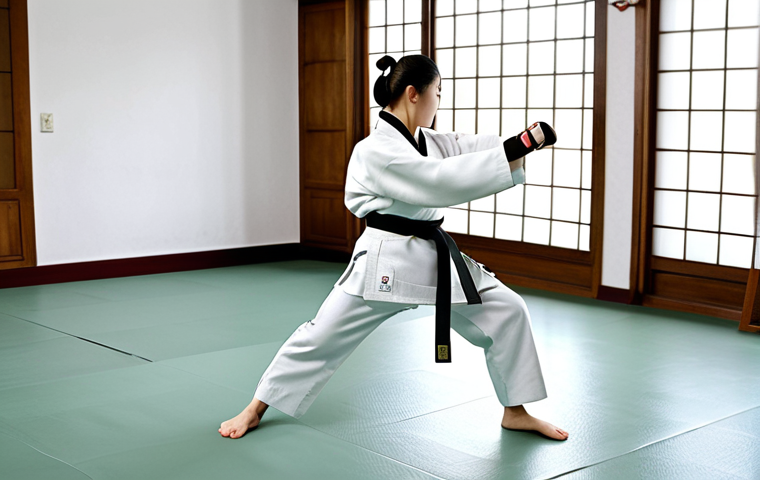 A young girl in a white Dobok (Taekwondo uniform), fully clothed, practicing a front kick in a traditional Korean dojang (training hall), appropriate attire, safe for work, perfect anatomy, natural proportions, family-friendly, martial arts photography, high quality.
