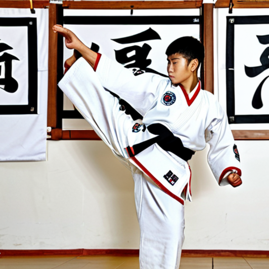 태권도 동작 정확도 높이는 방법 - "A determined Taekwondo student in a *dobok*, executing a perfect front kick with power and grace. T...