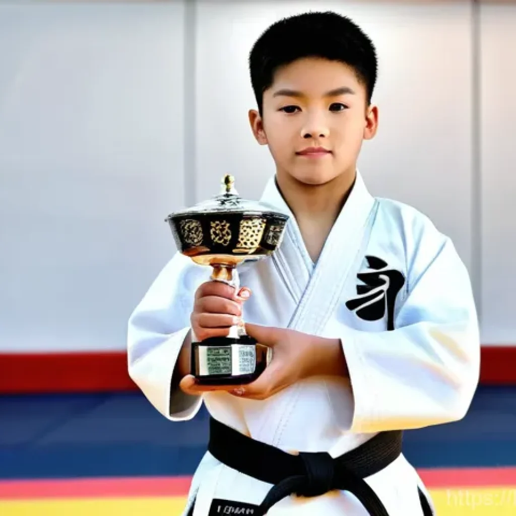 태권도 트로피 맞춤 제작 - **Prompt:** A young Taekwondo practitioner, approximately 16 years old, male, standing proudly with ...