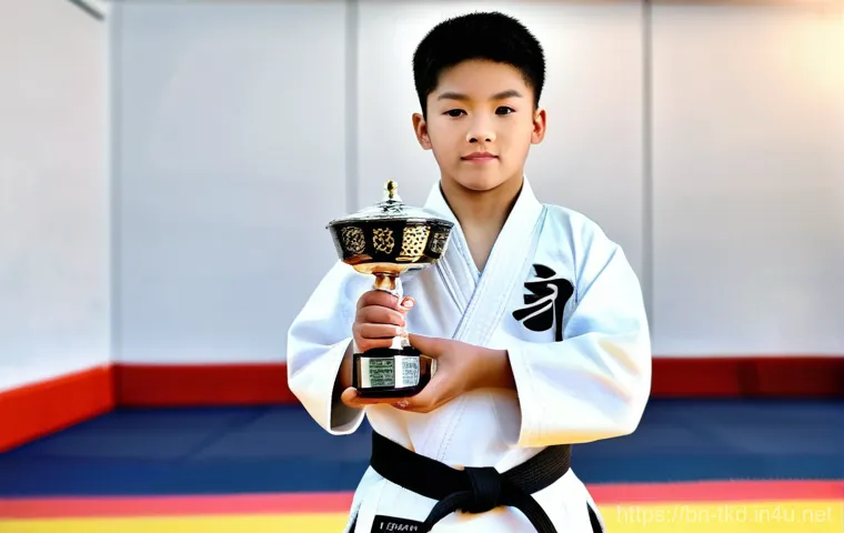 태권도 트로피 맞춤 제작 - **Prompt:** A young Taekwondo practitioner, approximately 16 years old, male, standing proudly with ...