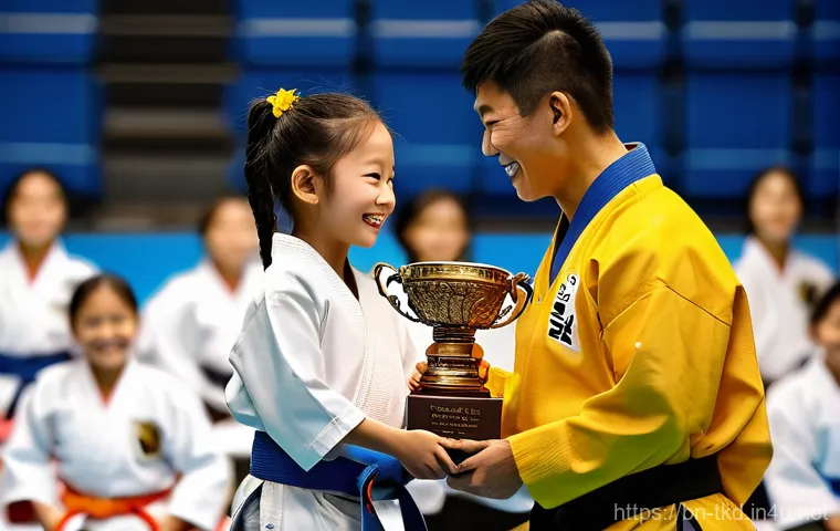 태권도 트로피 맞춤 제작 - **Prompt:** A close-up, high-detail studio shot of a magnificent customized Taekwondo trophy. The tr...