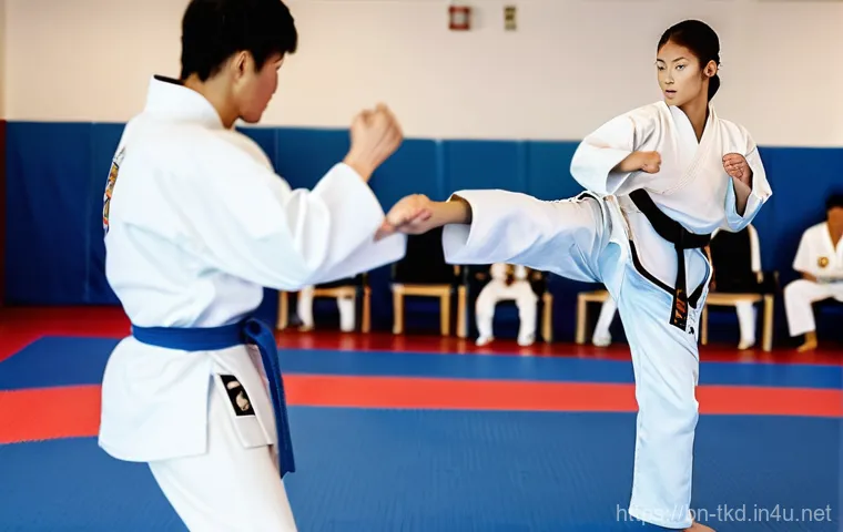 태권도 팀워크 훈련 방법 - **Prompt: Taekwondo Partner Drills: Trust and Coordination**
"A dynamic shot inside a well-lit T...