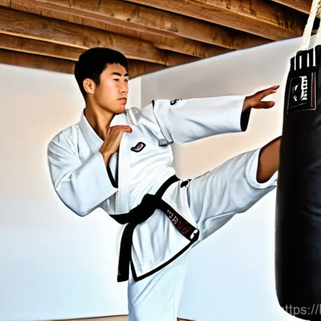 태권도 훈련 도구 DIY 방법 - **Image Prompt: DIY Sandbag Punching Bag Practice**
A focused male Taekwondo practitioner, in hi...
