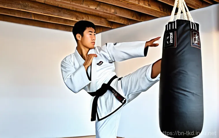 태권도 훈련 도구 DIY 방법 - **Image Prompt: DIY Sandbag Punching Bag Practice**
    A focused male Taekwondo practitioner, in hi...