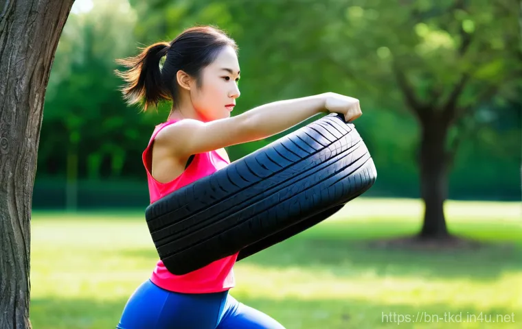 태권도 훈련 도구 DIY 방법 - **Image Prompt: DIY Sandbag Punching Bag Practice**
    A focused male Taekwondo practitioner, in hi...