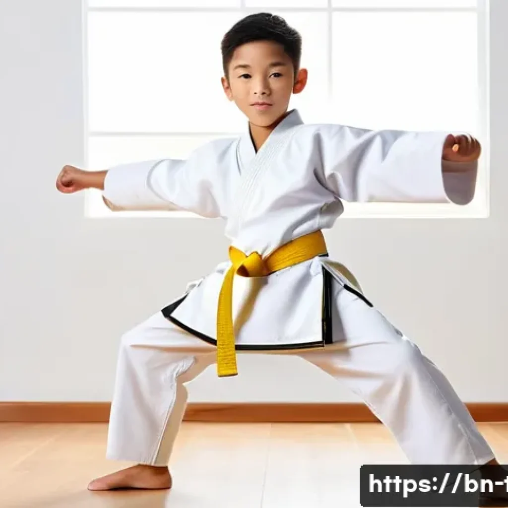 태권도 유아 클래스 장점 - A vibrant, full-body shot of a confident and athletic 8-year-old child, of diverse ethnicity, in a c...