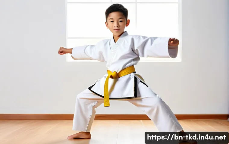 태권도 유아 클래스 장점 - A vibrant, full-body shot of a confident and athletic 8-year-old child, of diverse ethnicity, in a c...