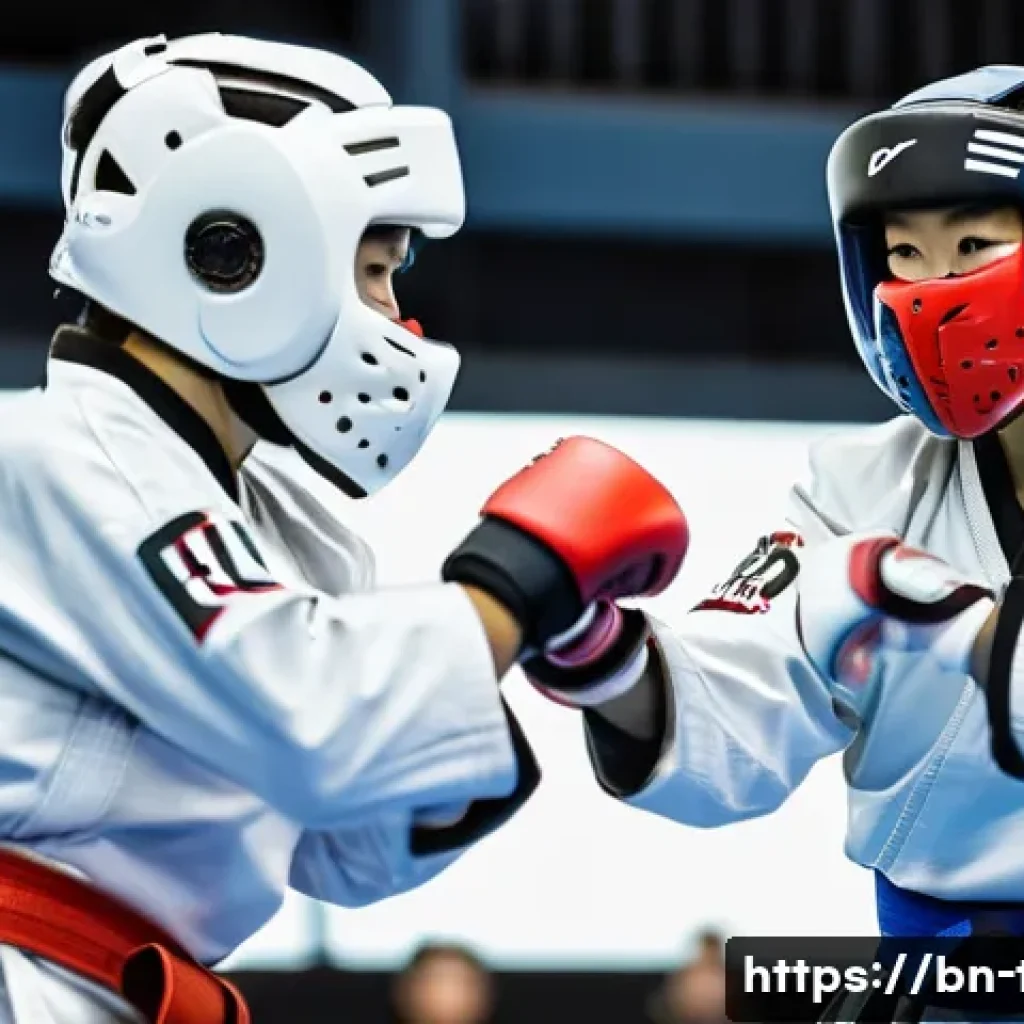태권도 겨루기 장비의 중요성 - **Prompt:** "Dynamic action shot of two Taekwondo athletes, one male and one female, engaged in comp...