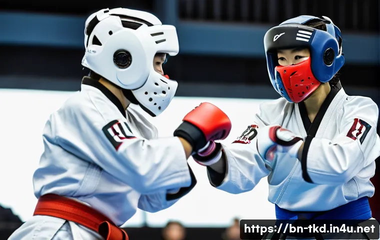태권도 겨루기 장비의 중요성 - **Prompt:** "Dynamic action shot of two Taekwondo athletes, one male and one female, engaged in comp...