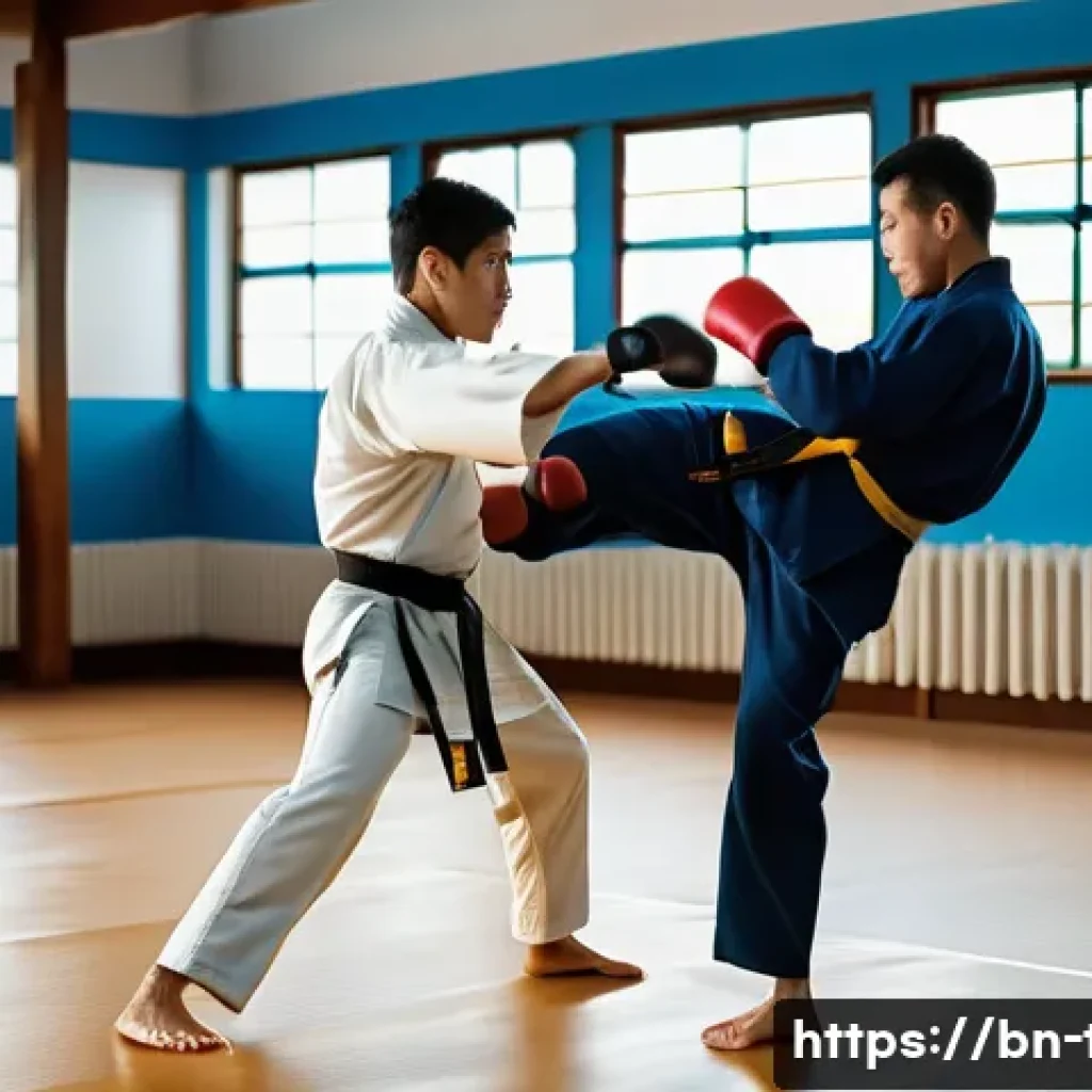 태권도 발차기 종류와 기술 - A skilled martial artist performing a precise front kick (straight kick) aimed at an opponent’s mids...