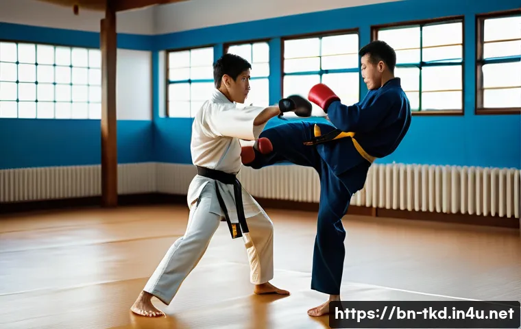 태권도 발차기 종류와 기술 - A skilled martial artist performing a precise front kick (straight kick) aimed at an opponent&rsquo;s mids...