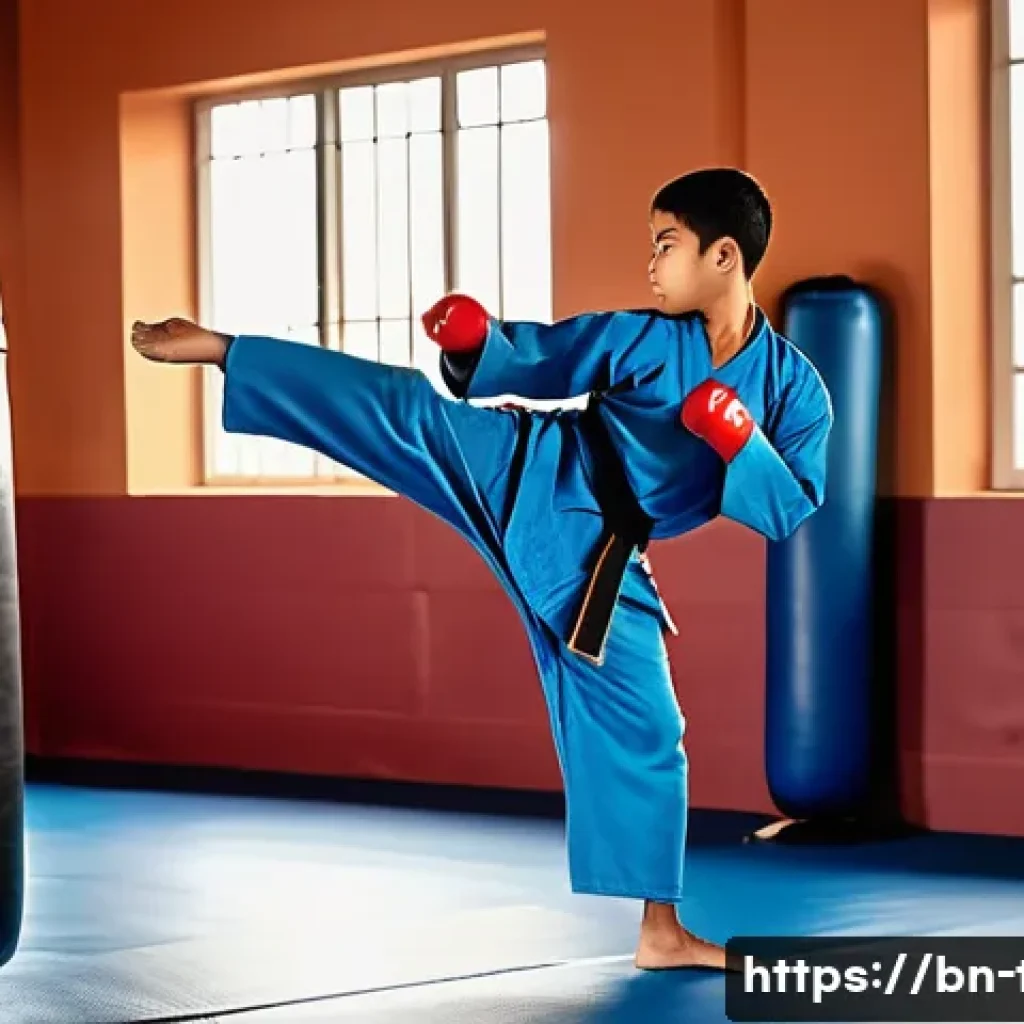태권도 심화 훈련 프로그램 - A detailed scene of a young Bengali martial artist practicing advanced kick and punch combinations i...