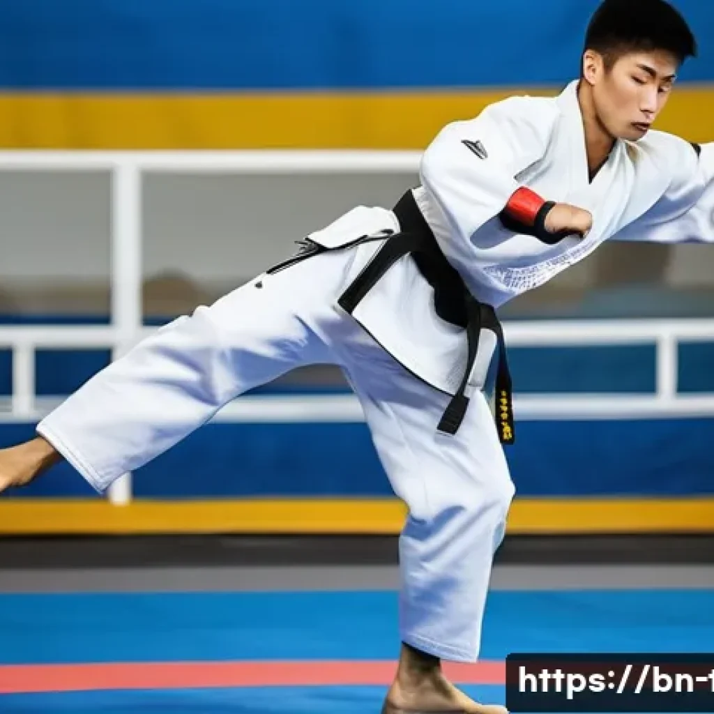 태권도 겨루기 기술별 분석 - A dynamic scene of a young male Taekwondo athlete wearing a white dobok with a black belt and protec...