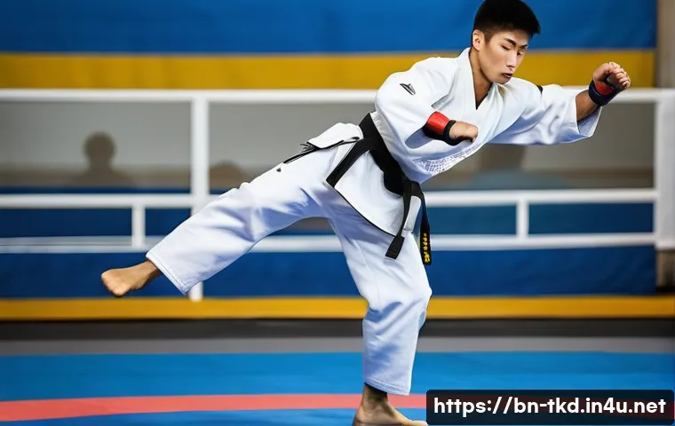 태권도 겨루기 기술별 분석 - A dynamic scene of a young male Taekwondo athlete wearing a white dobok with a black belt and protec...
