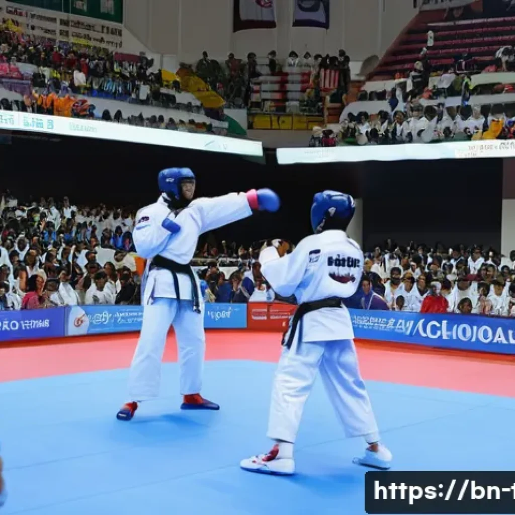 태권도 세계 연맹 소개 - A vibrant international Taekwondo competition scene showcasing athletes in protective gear including...