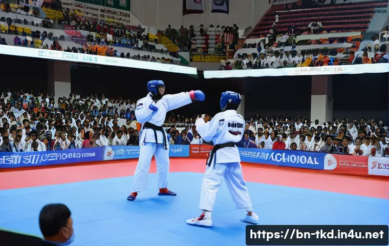 태권도 세계 연맹 소개 - A vibrant international Taekwondo competition scene showcasing athletes in protective gear including...