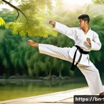 Home 22 태권도 정신과 일상의 연결 - A young Bengali man practicing Taekwondo kicks in a serene outdoor setting during early morning, wea...