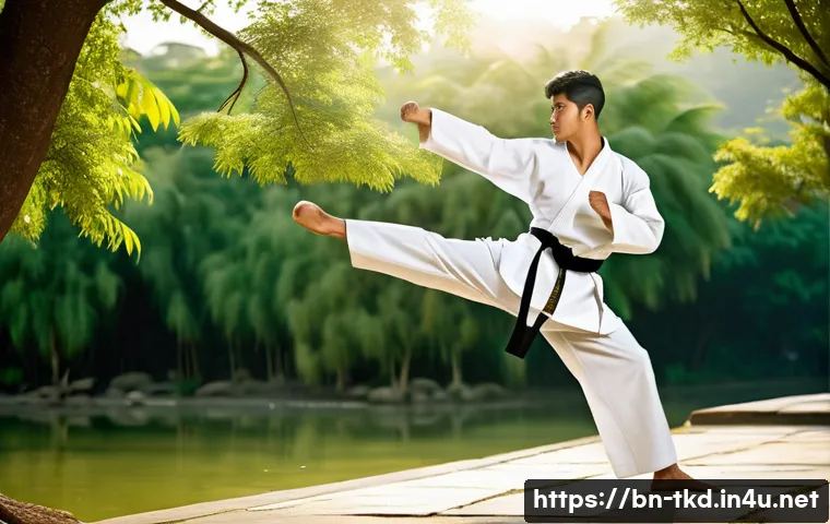 태권도 정신과 일상의 연결 - A young Bengali man practicing Taekwondo kicks in a serene outdoor setting during early morning, wea...