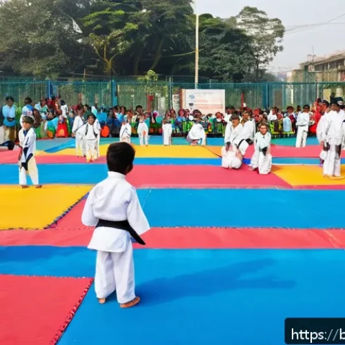 Home 33 태권도 미니 경기 개최법 - A vibrant outdoor Taekwondo mini competition taking place on a clean, well-lit school playground in ...