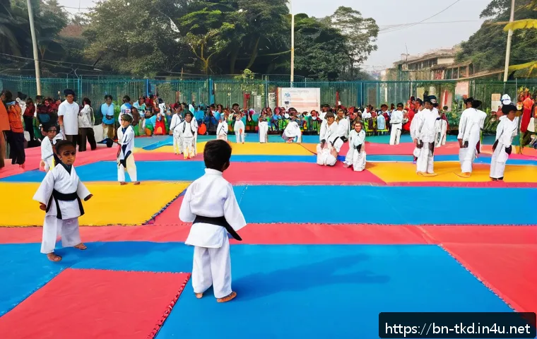 태권도 미니 경기 개최법 - A vibrant outdoor Taekwondo mini competition taking place on a clean, well-lit school playground in ...