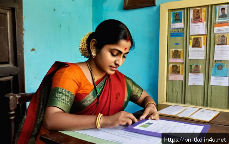 태권도 대회 참가 신청서 작성법 - A detailed scene showing a Bengali person carefully verifying personal information on a paper applic...