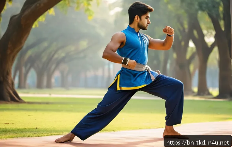 태권도 발차기 강화 기술 - A focused young Bengali martial artist practicing a powerful kick stance outdoors, wearing appropria...