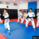 Home 18 태권도 온라인 커뮤니티 추천 - A diverse group of Bengali Taekwondo practitioners of various ages practicing at home wearing proper...