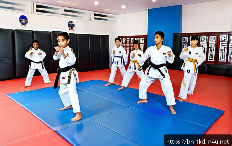 태권도 온라인 커뮤니티 추천 - A diverse group of Bengali Taekwondo practitioners of various ages practicing at home wearing proper...