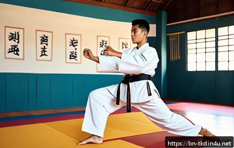 태권도 훈련 일지 작성법 - A focused young Bengali Taekwondo practitioner in a bright, airy training hall, wearing a crisp whit...
