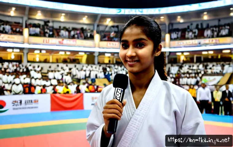 태권도 대회 우승자 인터뷰 - Photorealistic taekwondo tournament winner interview in Bangladesh, a proud young adult athlete wear...